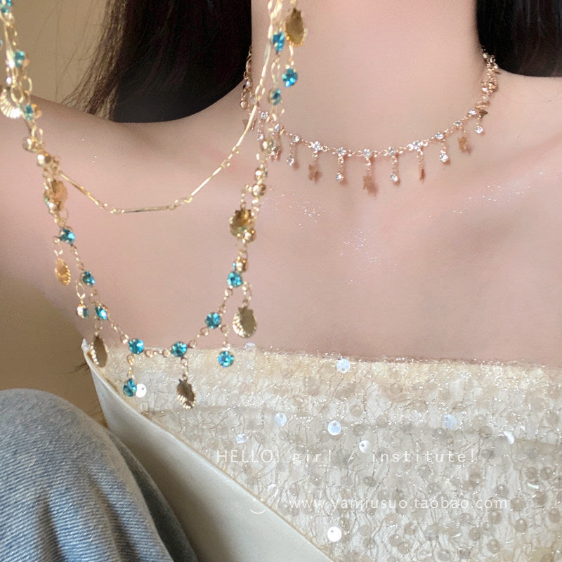 Bohemian Double Layer Necklace With Blue Rhinestone & Shell Charms, Gold Plated Tassel Clavicle Chain, Summer Beach Jewelry