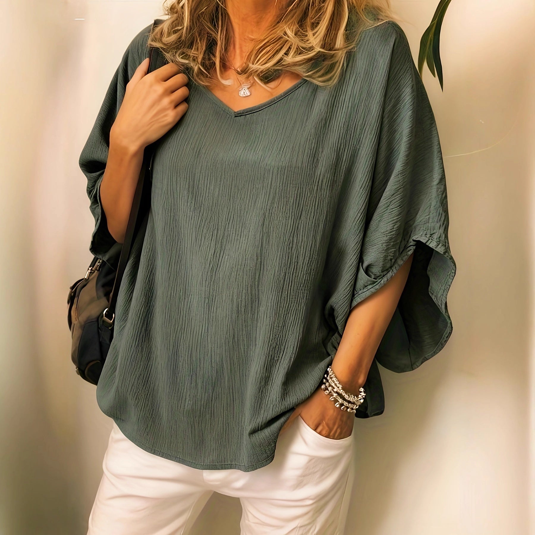 Versatile Solid-Colored Cotton-Linen Batwing Top For Women