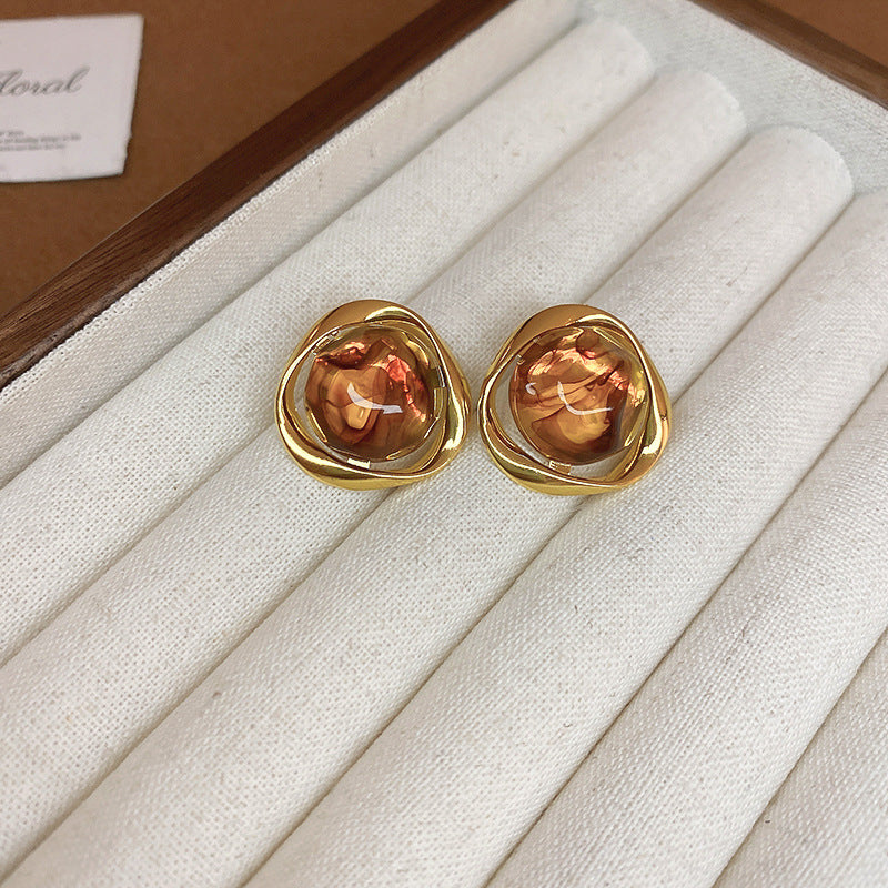 Maillard Style Vintage Round Earrings For Women, Irregular Silver Texture Brown Resin Stud Earrings, Retro Luxury Geometric Ear Jewelry For Daily Commute Party