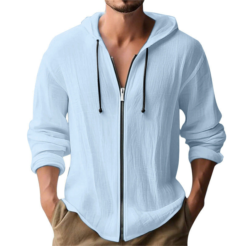 Digital-print Solid-color Linen Hooded Long-sleeve