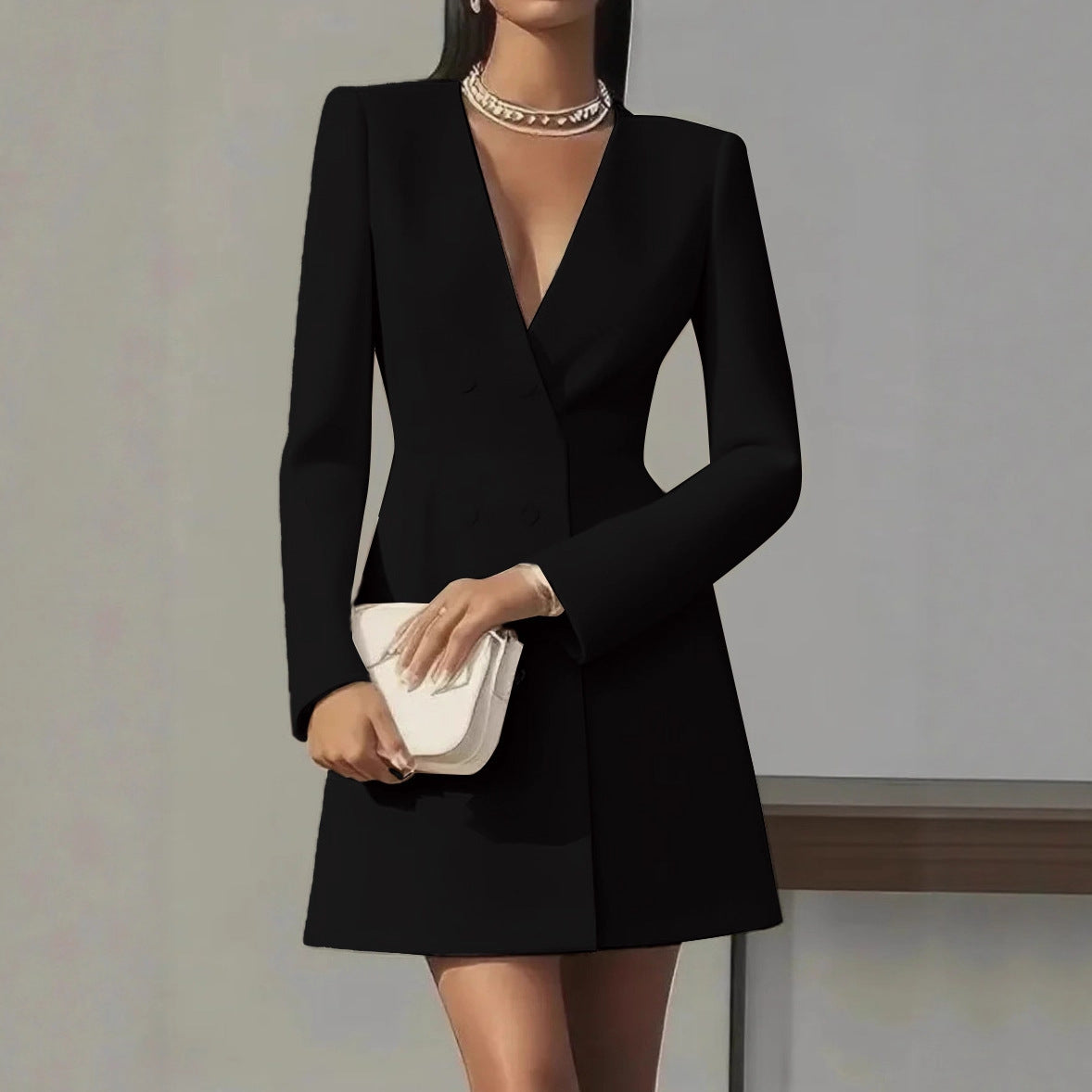 Solid-color V-neck Suit-style French Dress For Women