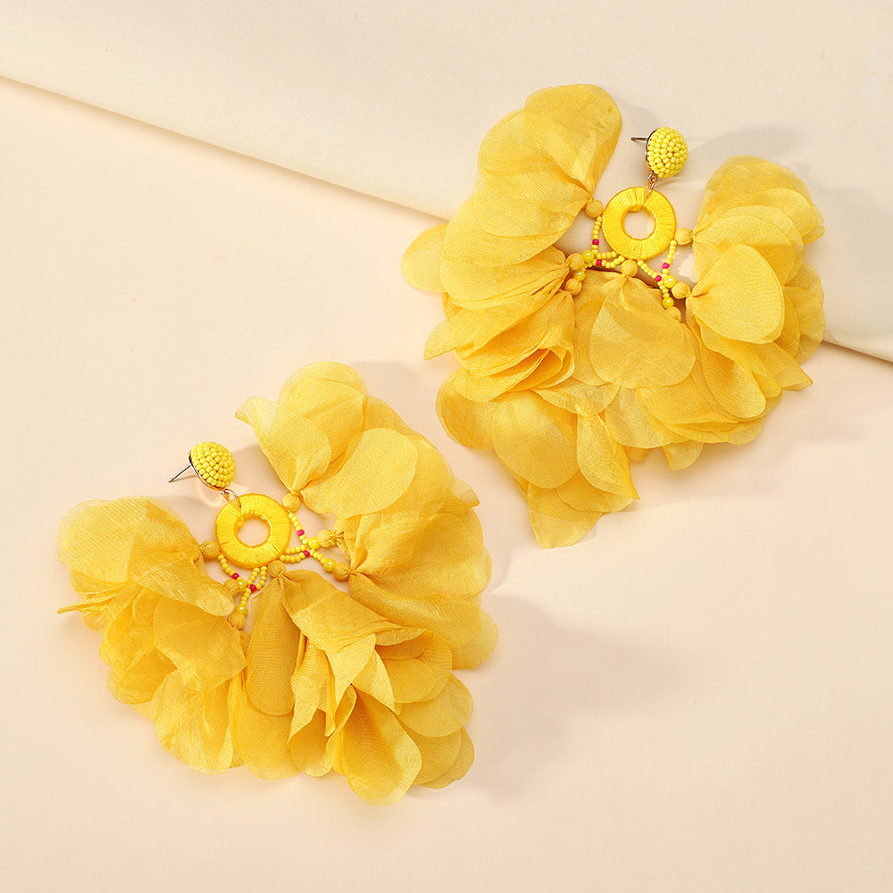 Handmade Bohemian Beaded Chiffon Flower Tassel Earrings For Women Tropical Vacation Statement Jewelry