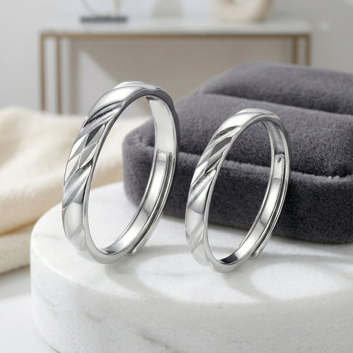 925 Sterling Silver Elegant Silver Couple Rings with Red and Black Twisted Enamel Accents