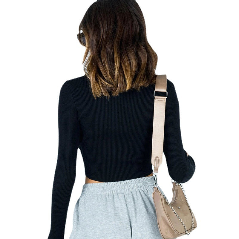 Solid Color Sexy Zip-up Half-neck Long-sleeved Top