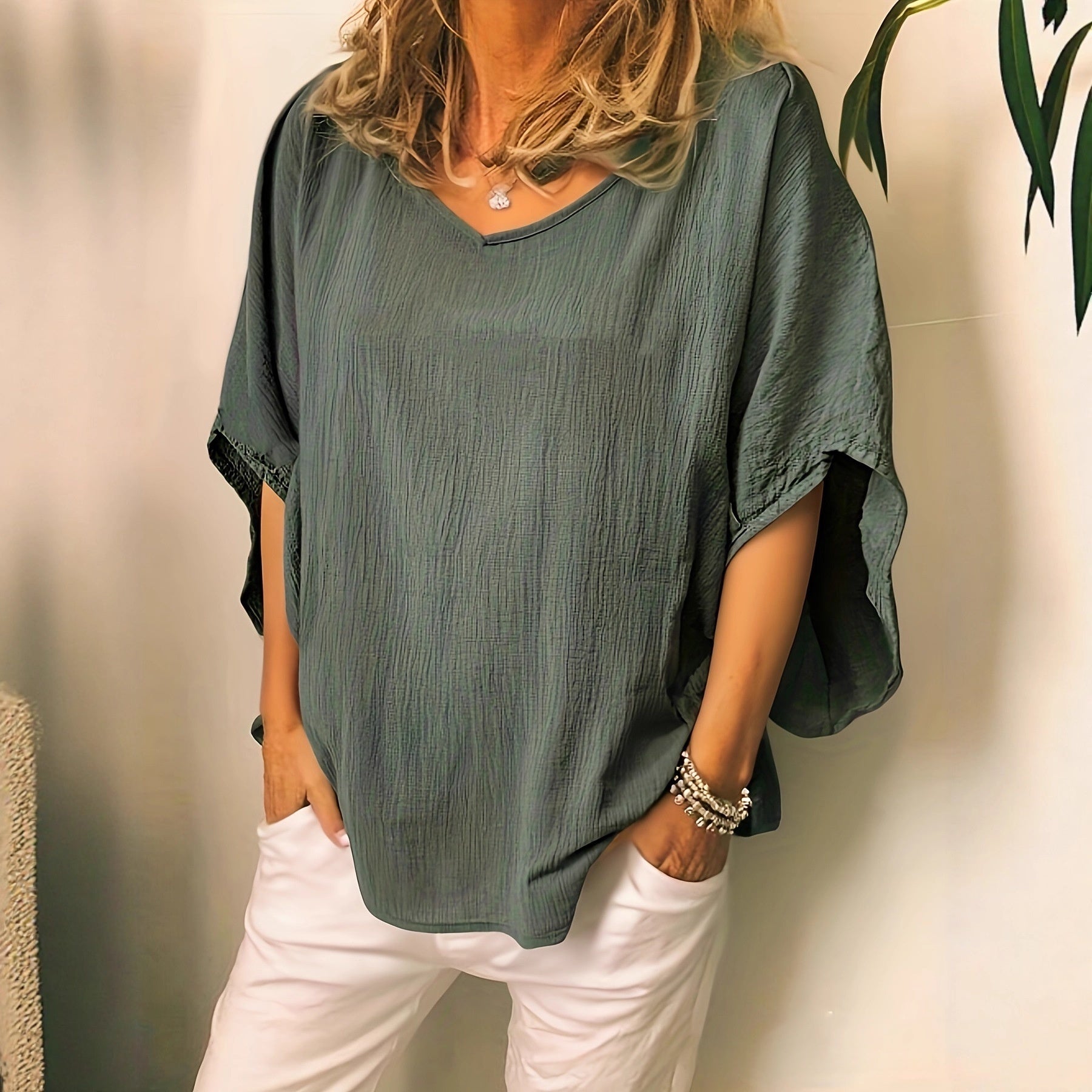 Versatile Solid-Colored Cotton-Linen Batwing Top For Women
