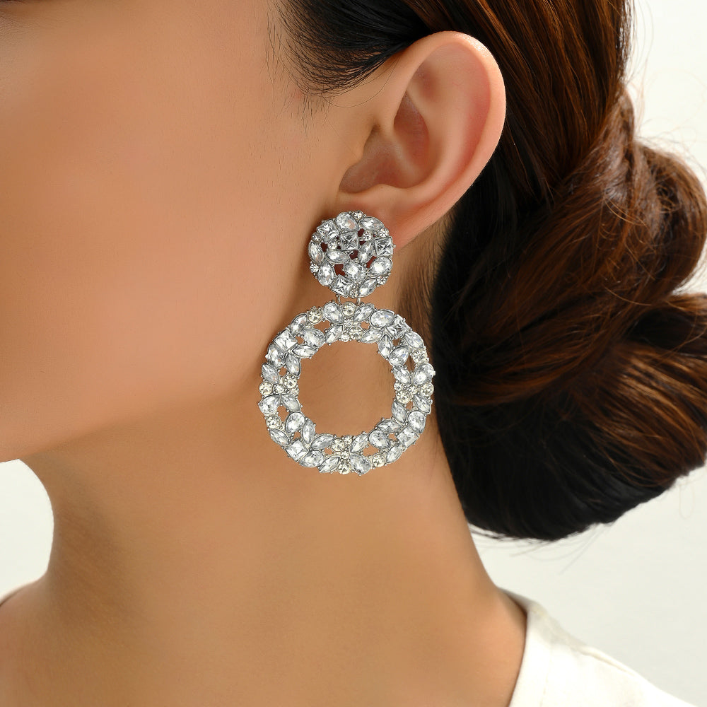 Luxury Elegant Two Tier Full Rhinestone Hollow Circle Statement Dangle Earrings For Women Party Prom Wedding Evening Daily Wear