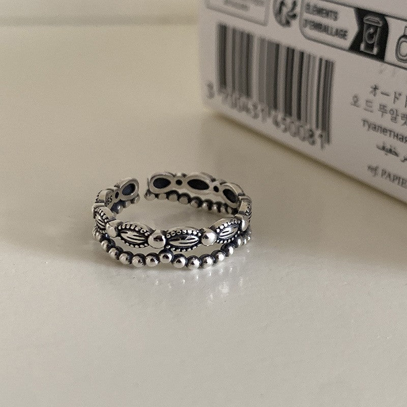 Vintage 925 Silver Intertwined Chain Cuff Ring, Minimalist Adjustable Open Band, Korean Fashion Jewelry