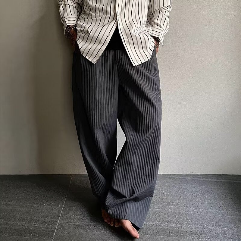 Mens Pleated Textured Wide-Leg Pants