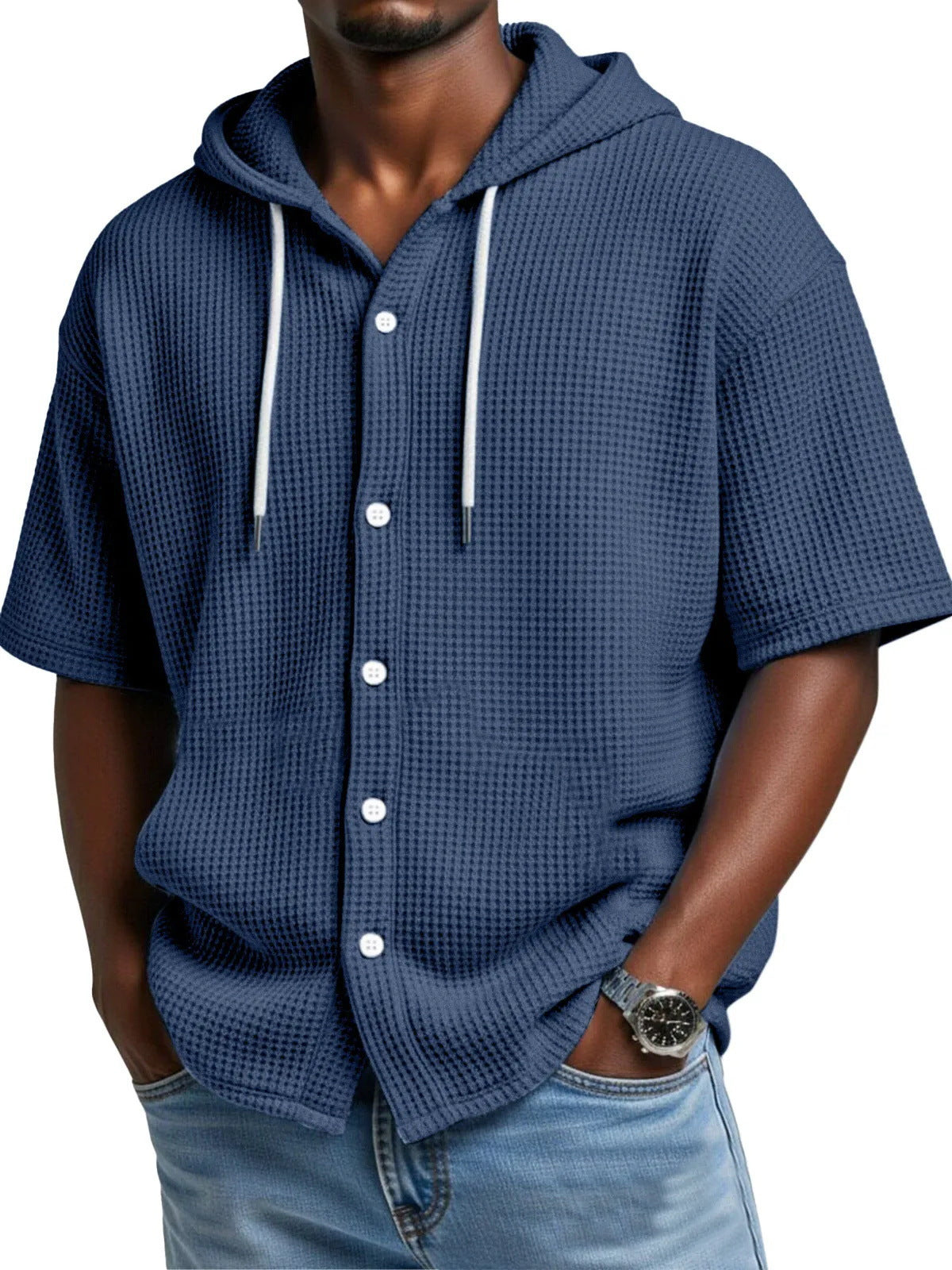 SpringSummer Casual Waffle Weave Hooded Short-Sleeve Top