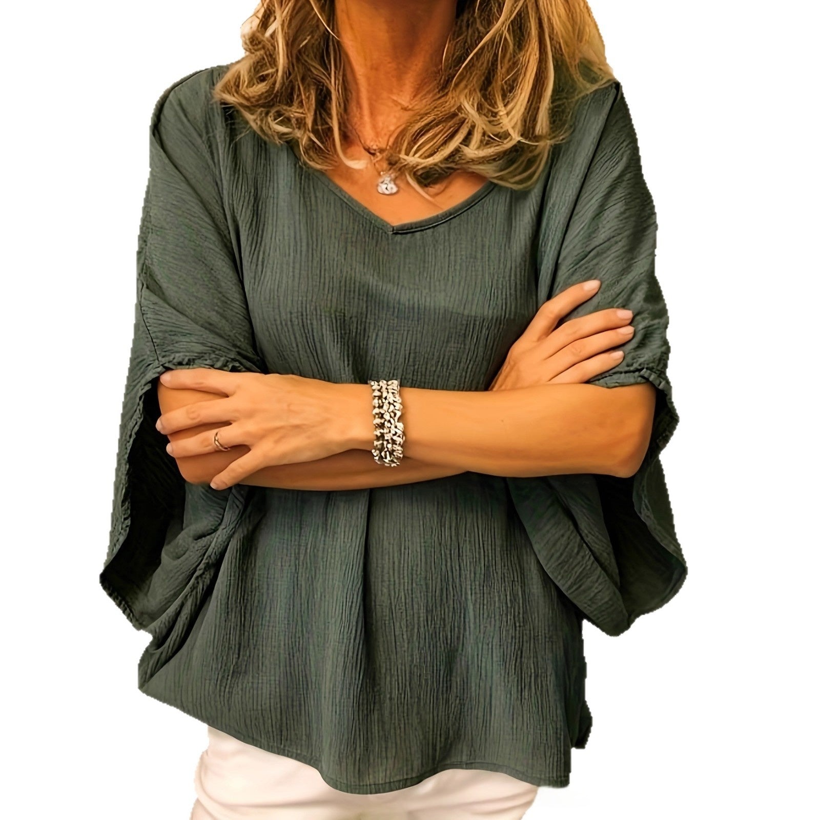 Versatile Solid-Colored Cotton-Linen Batwing Top For Women