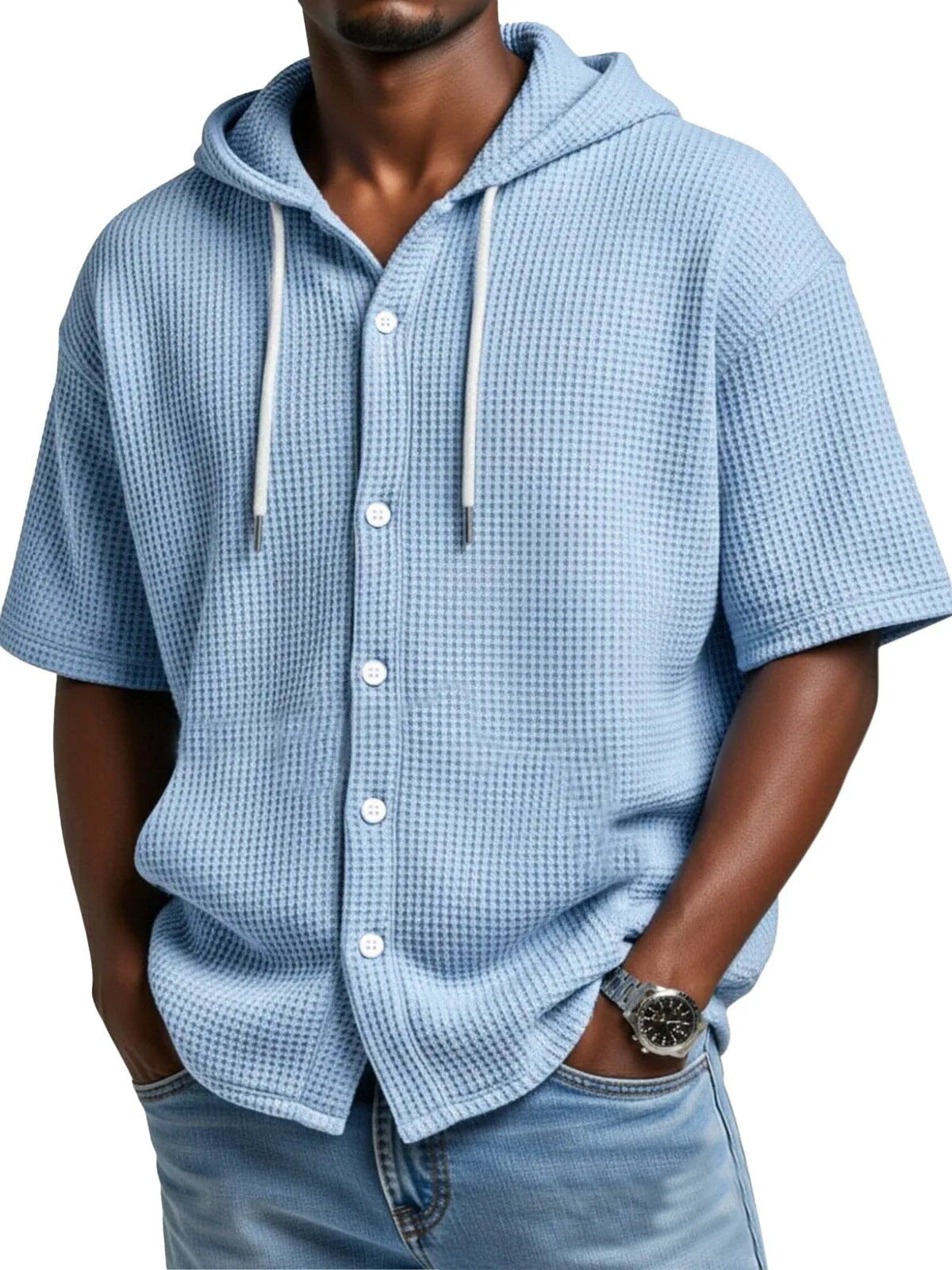 SpringSummer Casual Waffle Weave Hooded Short-Sleeve Top