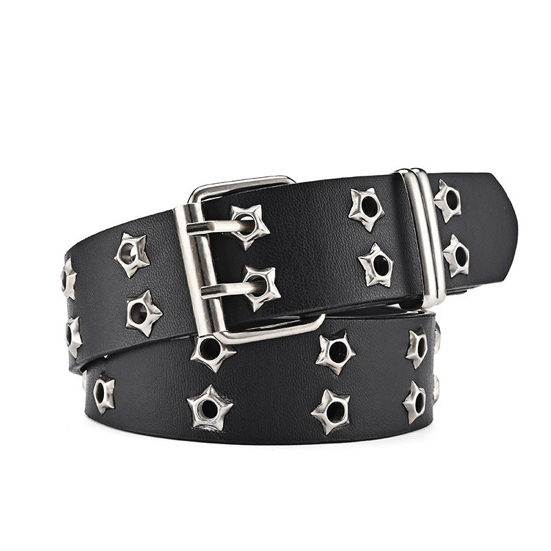 Double-Row Eyelet Belt With Hollowed-Out Design Casual Punk Leather Belt For Women
