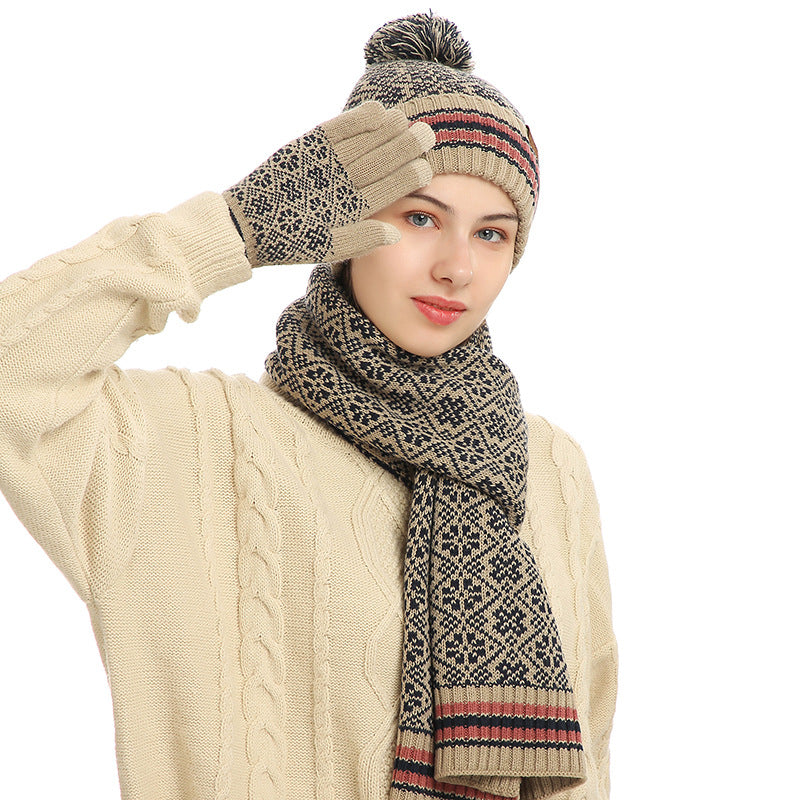 Three-piece Winter New Knitted Warm Woolen Hat Scarf And Gloves