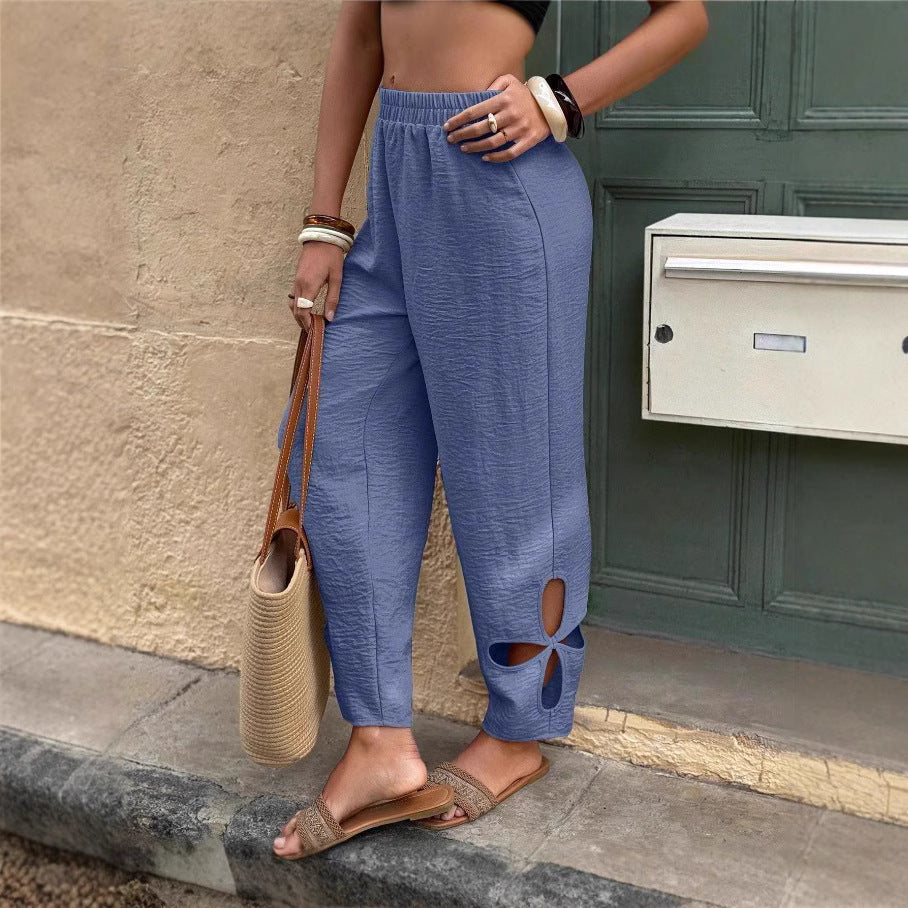 Everyday Side-pocket Hollow-out Full-length Comfortable Womens Pants