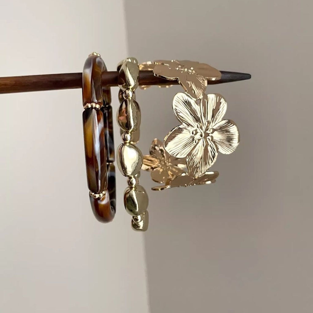 3 Pcs Women's Metal Flower Bracelet With Acrylic Round Elements High-End, Light Luxury, Niche & Minimalist Hand Jewelry