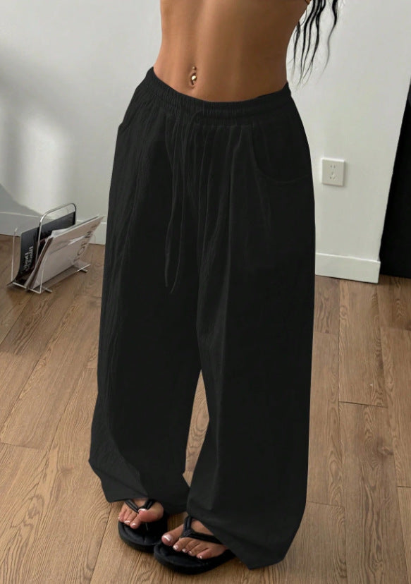 Laid-back Style High-Waist Casual All-Match Flowy Drawstring Wide-Leg Pants For Women