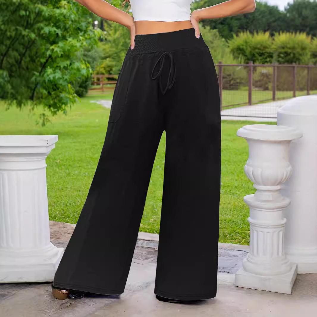 Women's Casual Fashion Solid-Color Drawstring Wide-Leg Pants With Pockets