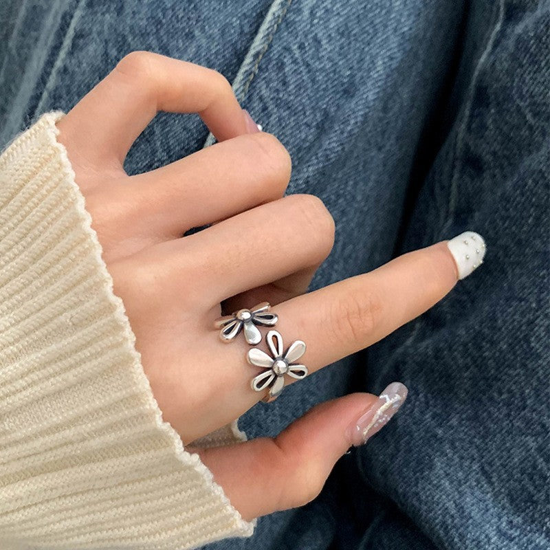 Vintage 925 Silver Intertwined Chain Cuff Ring, Minimalist Adjustable Open Band, Korean Fashion Jewelry