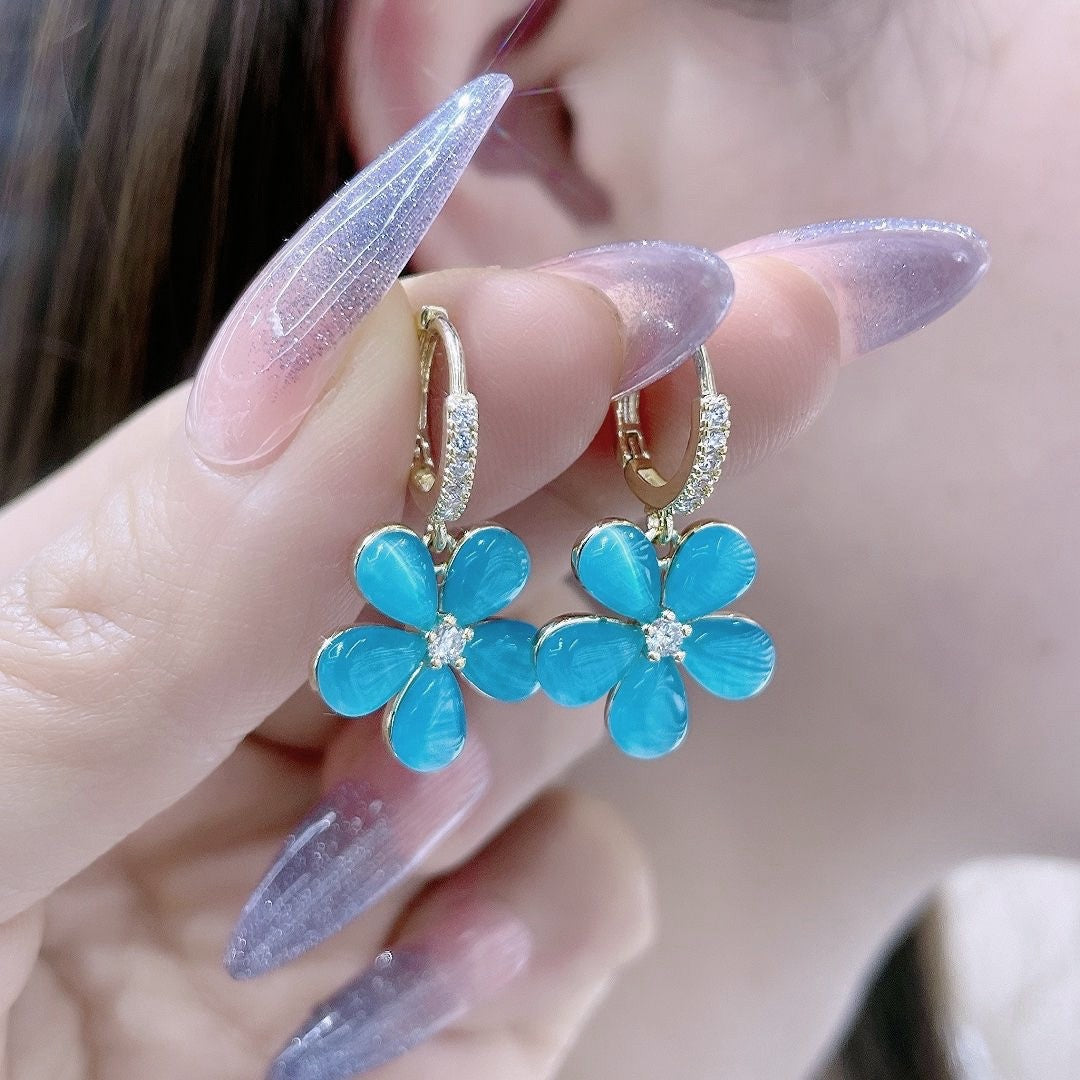 Light Luxury Blue Cat's Eye Flower Drop Earrings, Elegant Zircon Inlaid Ear Cuffs, Summer Fresh Design