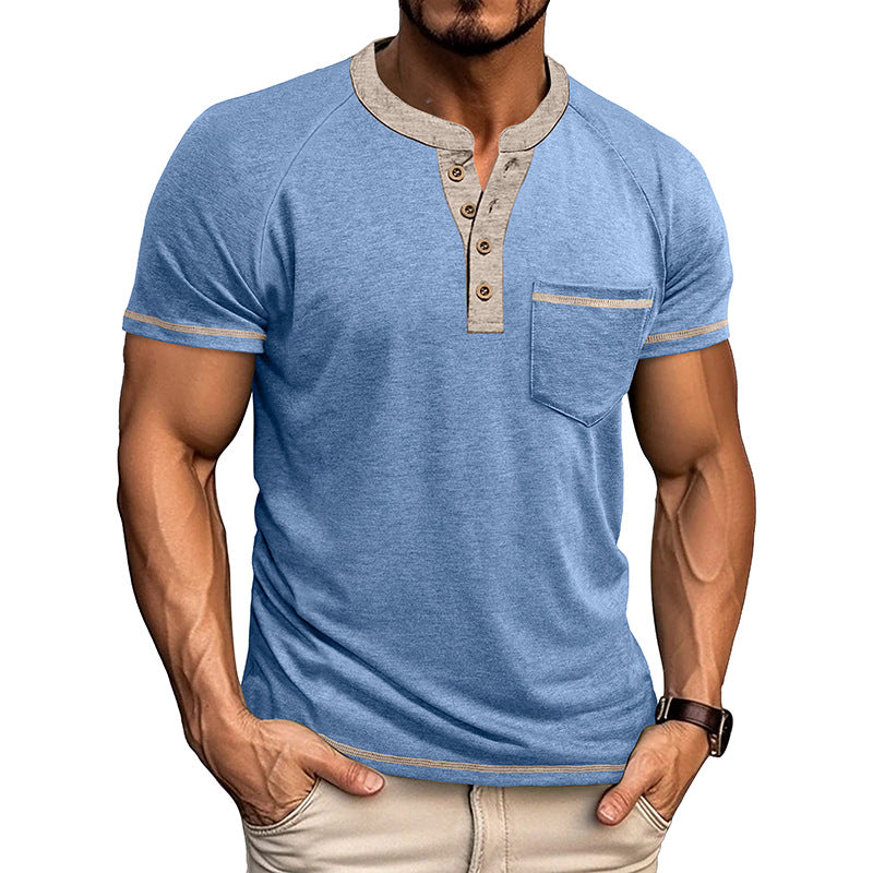 Men's Short-Sleeve Henley Shirt Button-Up Vintage T-Shirt