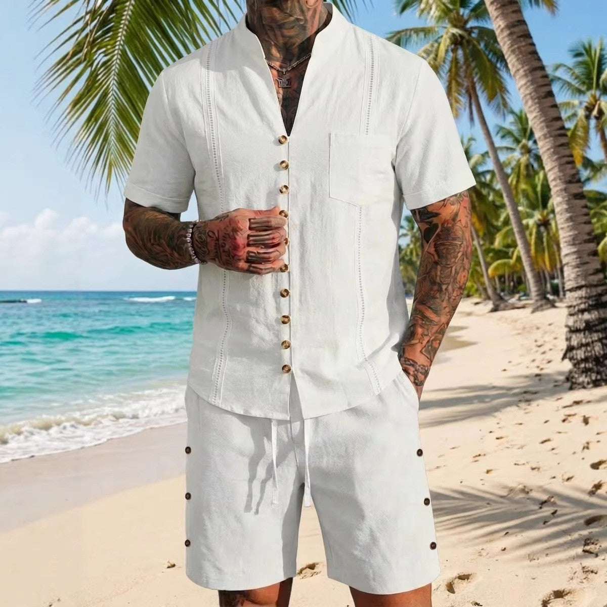 Stand-collar Solid-color Short-sleeve Shirt Set