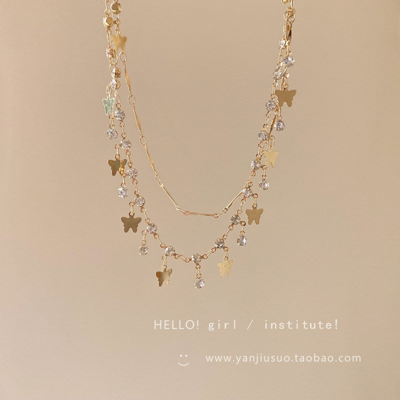 Bohemian Double Layer Necklace With Blue Rhinestone & Shell Charms, Gold Plated Tassel Clavicle Chain, Summer Beach Jewelry