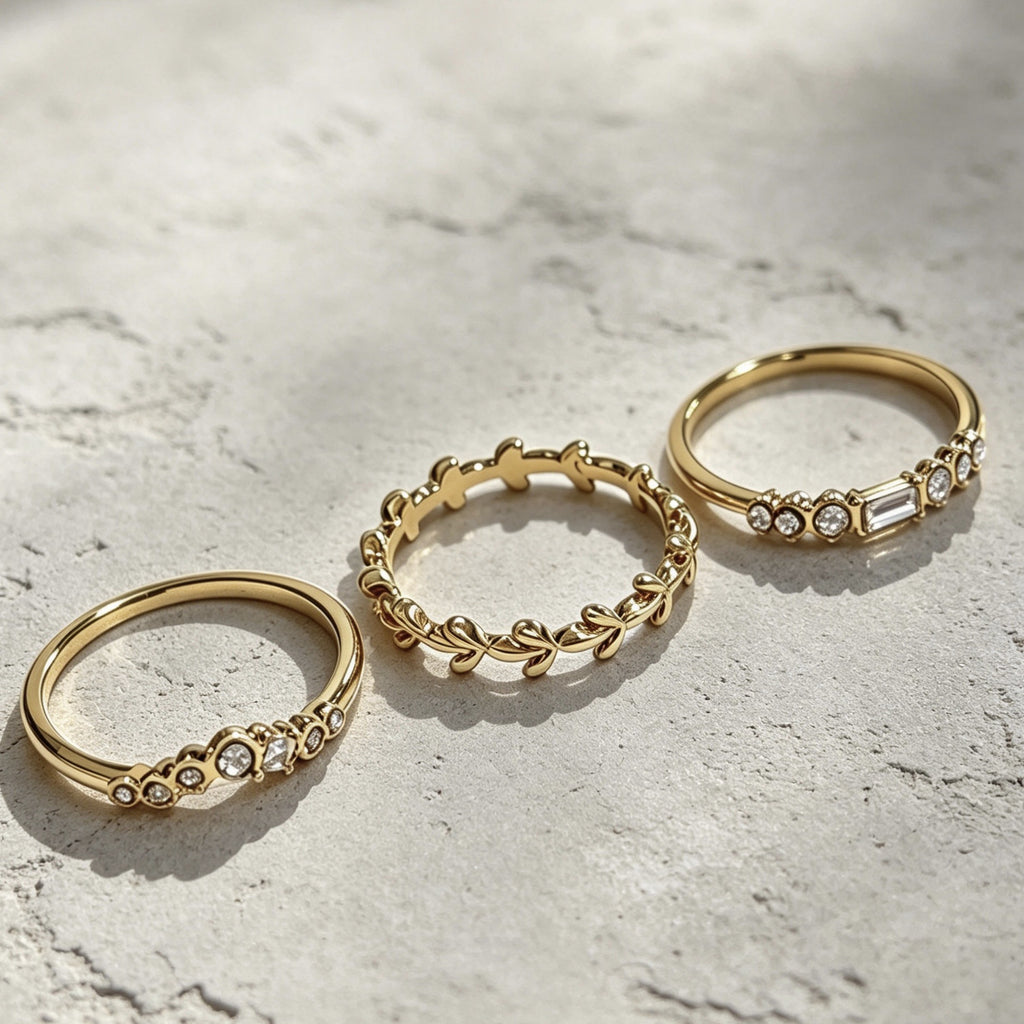Simple Alloy Electroplated 18K Gold Three-Piece Ring Set