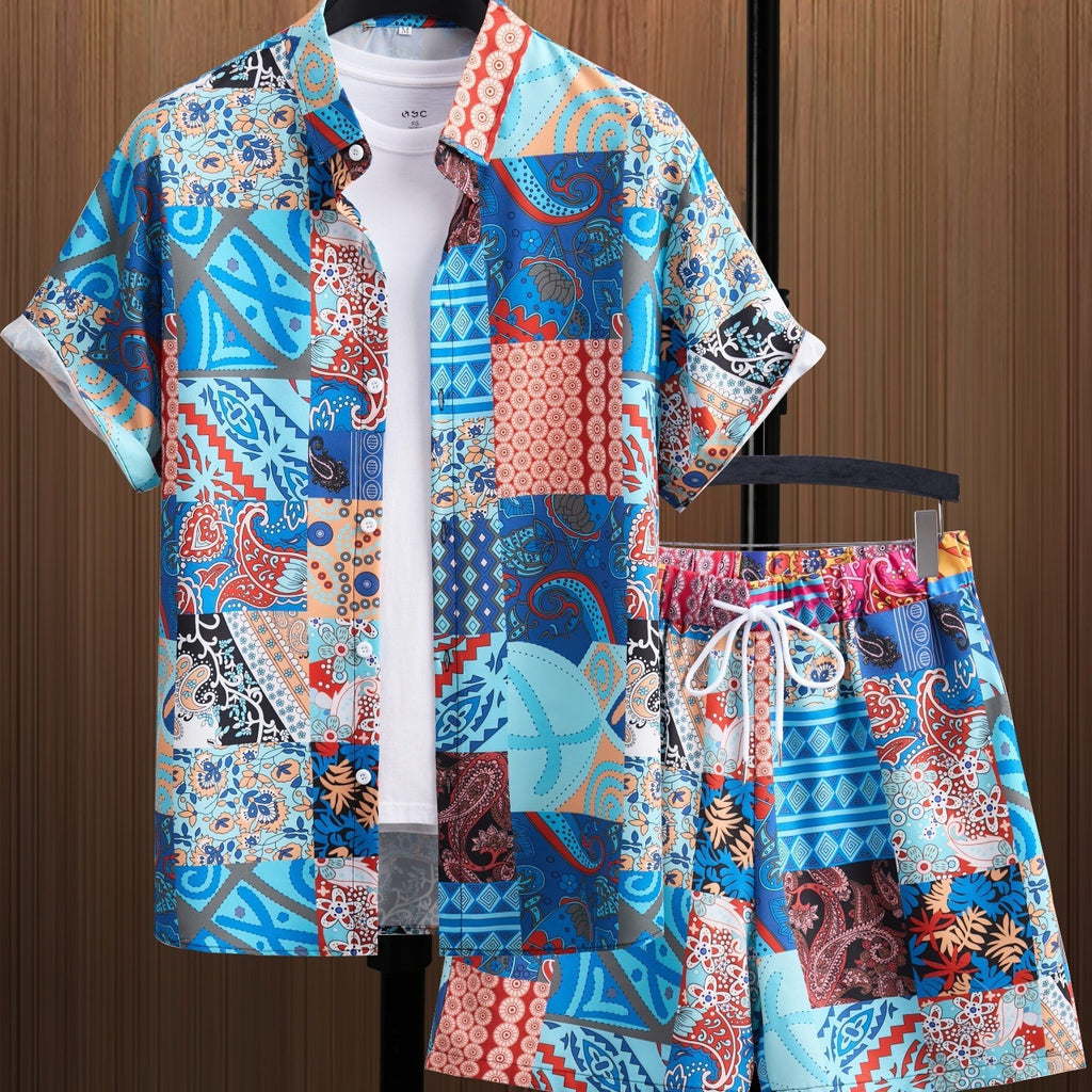 Casual Lapel-Button Hawaiian Shirt And Shorts Set For Men