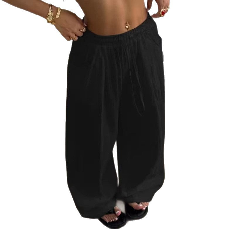 Laid-back Style High-Waist Casual All-Match Flowy Drawstring Wide-Leg Pants For Women