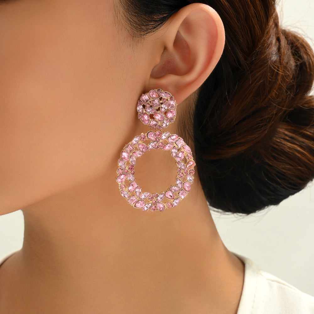Luxury Elegant Two Tier Full Rhinestone Hollow Circle Statement Dangle Earrings For Women Party Prom Wedding Evening Daily Wear