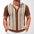 Brown Striped Cuban-Neck Short-Sleeve Hollow-Out Knit Top